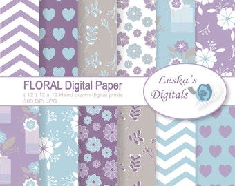 Floral Digital Paper - Floral scrapbook paper - Floral backgrounds - Lilac - Blue - Digital Scrapbook Patterns Commercial use