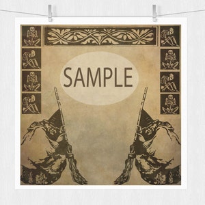 May include: A vintage-style printable Halloween party invitation with a spooky, grungy background. The invitation features two witches holding brooms, skeletons, and a banner with the word "SAMPLE".