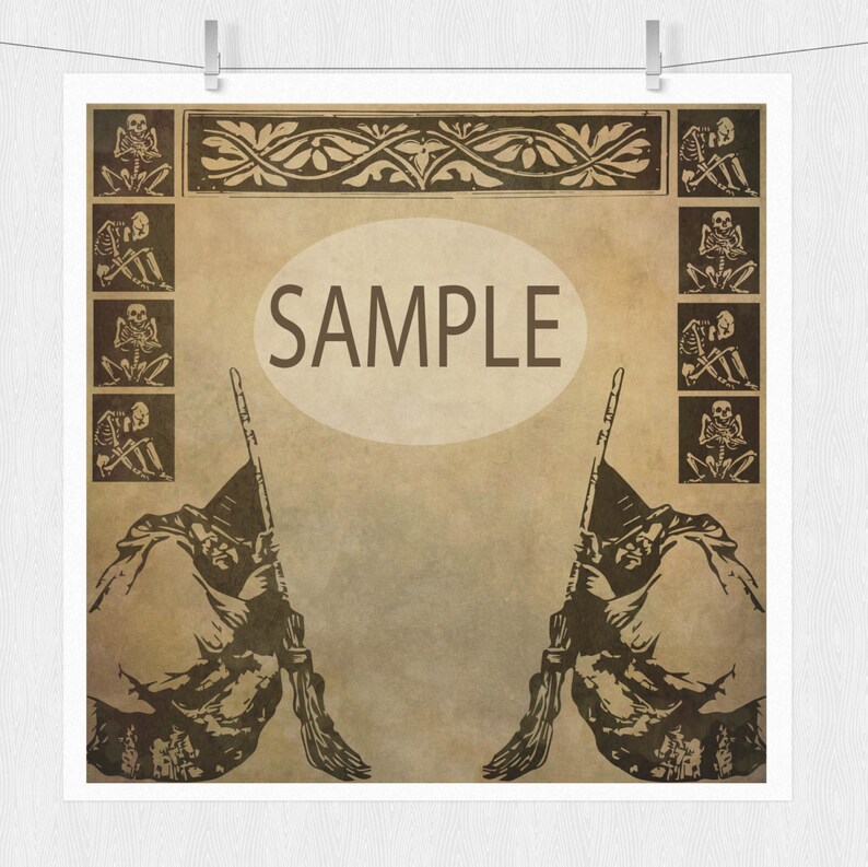 May include: A vintage-style printable Halloween party invitation with a spooky, grungy background. The invitation features two witches holding brooms, skeletons, and a banner with the word "SAMPLE".