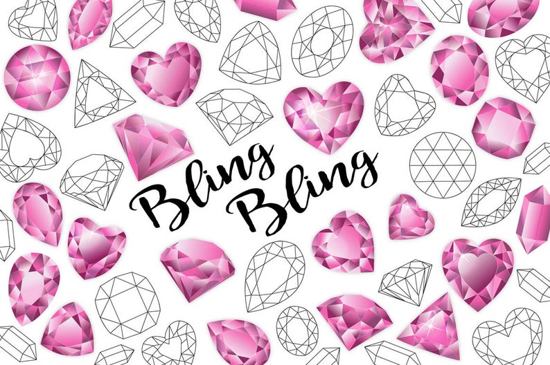 May include: Pink and black illustration of various gemstones and diamonds with the text "Bling Bling" in the centre.