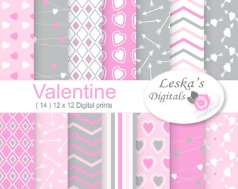 Pink Hearts Digital Paper "VALENTINES DAY" printable, Valentine Printable Patterns, pink and grey digital background, pink hearts digital
