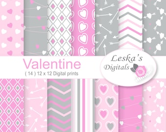 Pink Hearts Digital Paper "VALENTINES DAY" printable, Valentine Printable Patterns, pink and grey digital background, pink hearts digital