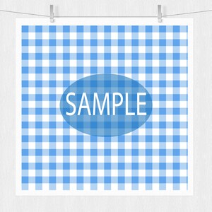 May include: A blue and white gingham pattern with the word "SAMPLE" in a blue oval.