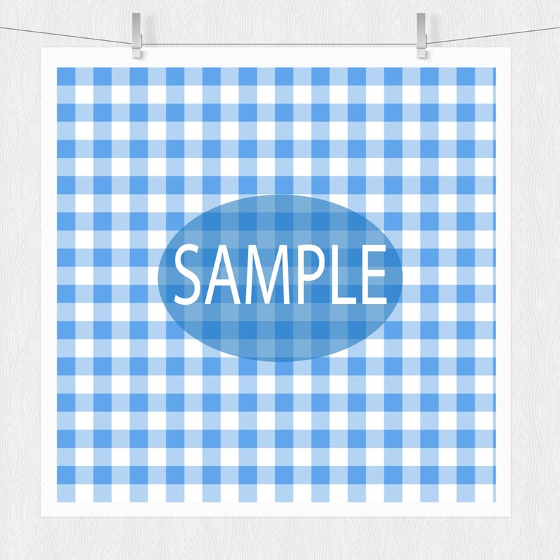 May include: A blue and white gingham pattern with the word "SAMPLE" in a blue oval.