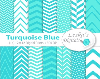 Turquoise Blue Chevron Digital Paper, Turquoise scrapbook paper pack, blue backgrounds, chevron backgrounds, Instant download digital paper