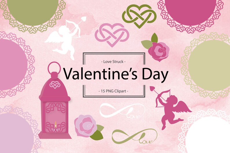 May include: A set of 15 Valentine's Day clip art images in PNG format. The images include hearts, infinity symbols, a lantern, a rose, and two cherubs with arrows. The images are on a pink background with a watercolour effect.