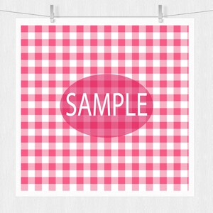 May include: A white background with a pink and white gingham pattern. The word "SAMPLE" is written in white text on a pink oval.