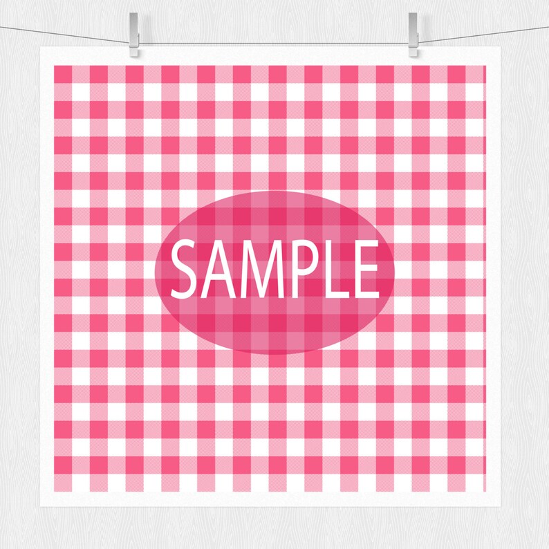 May include: A white background with a pink and white gingham pattern. The word "SAMPLE" is written in white text on a pink oval.