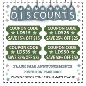May include: Green and blue coupon codes with white text and stars. The coupon codes offer discounts of 15%, 25%, 35%, and 50% off. The text reads "DISCOUNTS", "COUPON CODE", "LDS15", "SAVE 15% OFF $15", "LDS25", "SAVE 25% OFF $25", "LDS35", "SAVE 35% OFF $35", "LDS50", "SAVE 50% OFF $50", "FLASH SALE ANNOUNCEMENTS", "POSTED ON FACEBOOK", "WWW.FACEBOOK.COM/LESKAHAMATYARTWORK".