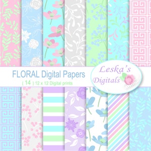 FLORAL DIGITAL BACKGROUND, Digital Paper , Floral pastel digital paper pack, Flower Digital Papers, Scrapbook paper pack of floral pastel