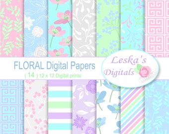 FLORAL DIGITAL BACKGROUND, Digital Paper , Floral pastel digital paper pack, Flower Digital Papers, Scrapbook paper pack of floral pastel