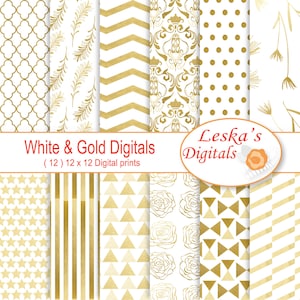 Gold Metallic Digital Paper, Gold and white scrapbook papers, Gold geometrics stars, stripes, damask, triangles, polkadots, rose backgrounds