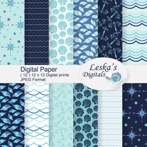 May include: A collection of digital paper designs with a nautical theme. The patterns include seashells, compass roses, waves, and rope textures in shades of blue and white. The text "Digital Paper" and "Leska's Digitals" are also visible.