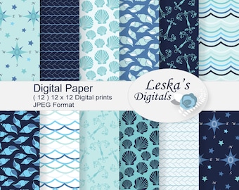 Nautical digital paper, "NAUTICAL" coastal papers, scrapbook paper, nautical printable paper, sea digital paper pack shells rope compass