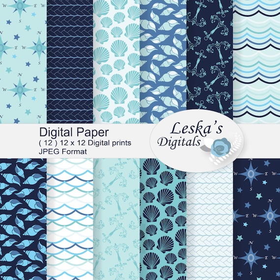 Nautical digital paper, "NAUTICAL" coastal papers, scrapbook paper, nautical printable paper, sea digital paper pack shells rope compass