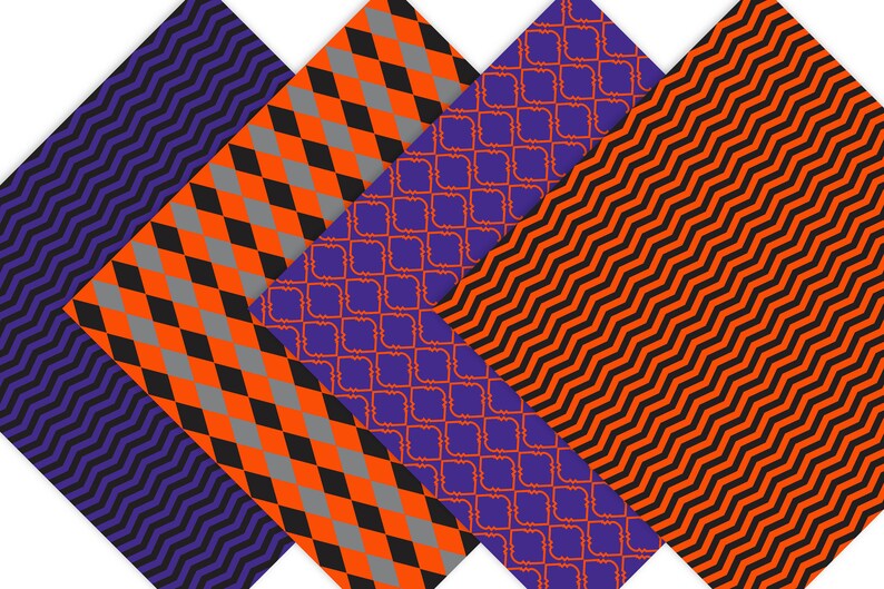 May include: Four different patterned sheets of paper in orange, black, gray, and purple. The patterns include a diamond pattern, a wavy pattern, a geometric pattern, and a zig-zag pattern.