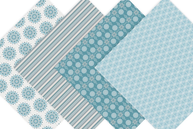Puede incluir: Cuatro hojas de papel con diferentes patrones en tonos de azul y blanco. Los patrones incluyen un dise&ntilde;o de c&iacute;rculo repetitivo, un patr&oacute;n a rayas, un patr&oacute;n floral y un patr&oacute;n geom&eacute;trico.
