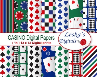 Poker Party Digital Paper: "CASINO DIGITAL PAPER" Gambling scrapbook paper pack, Playing cards and poker chips scrapbook digital papers