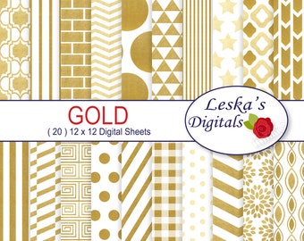 Gold digital paper pack - GOLD scrapbook paper - Commercial use backgrounds: chevron, polkadots, stripes, gingham, triangle, circles