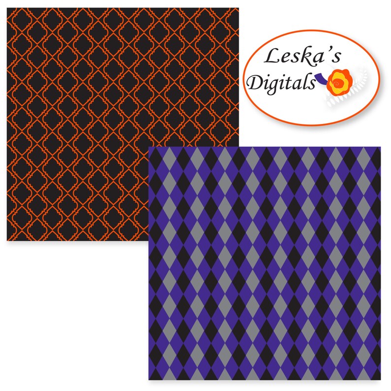May include: Two digital paper patterns. The first pattern is a black background with an orange geometric design. The second pattern is a black and purple diamond pattern.