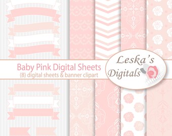 Pink shabby chic digital paper, chevron digital paper, roses digital paper, and banner clip art, digital scrapbook paper pack