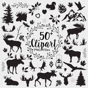 Woodland Clipart, Lumberjack clipart, Forest, Woods Wedding, Lodge clipart, Silhouette png files, Moose Clipart