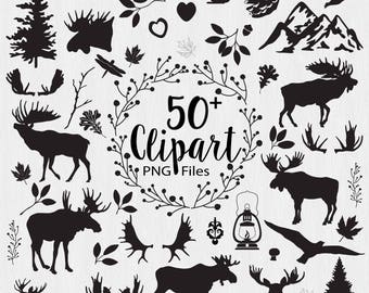 Woodland Clipart, Lumberjack clipart, Forest, Woods Wedding, Lodge clipart, Silhouette png files, Moose Clipart