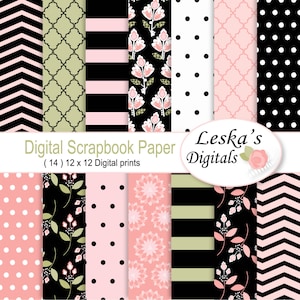 Pink and Black Digital Scrapbook Paper, Floral Backgrounds, party invite patterns, Scrapbooking Paper,  printable pattern, digital download