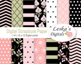 Pink and Black Digital Scrapbook Paper, Floral Backgrounds, party invite patterns, Scrapbooking Paper,  printable pattern, digital download