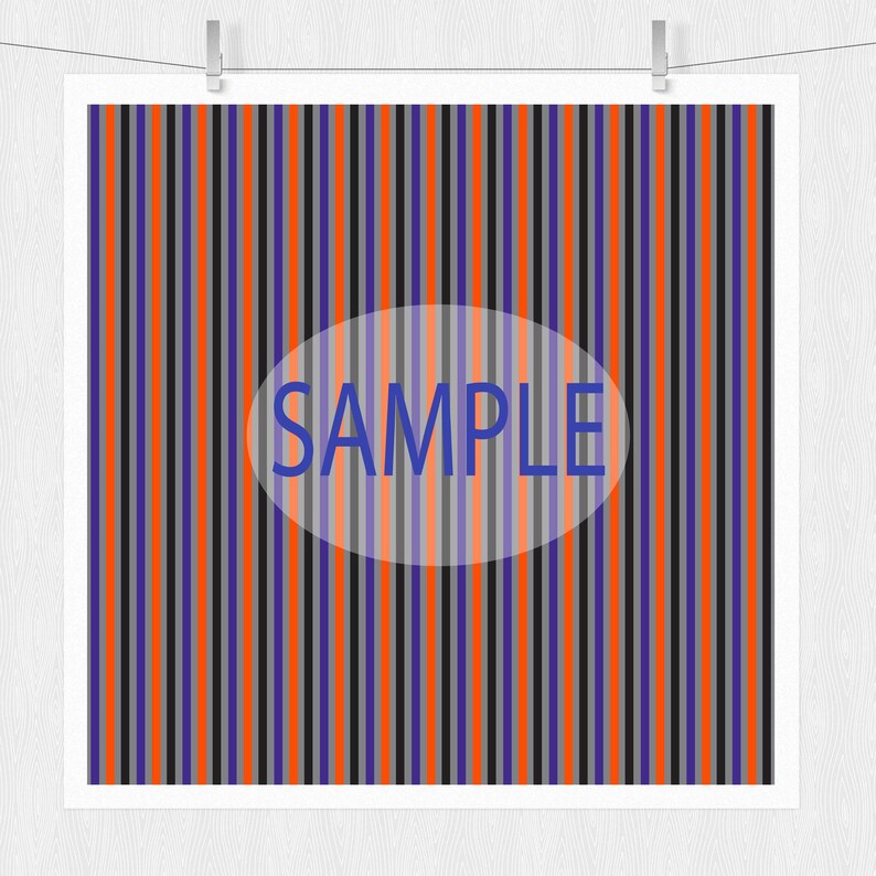 May include: A digital paper with a repeating pattern of vertical stripes in orange, black, gray, and purple. The word "SAMPLE" is written in blue text on a white oval.