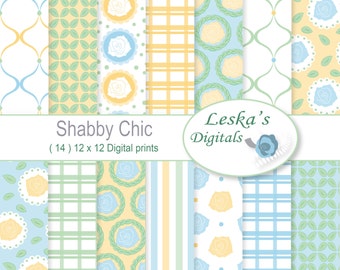 Yellow Shabby Chic Digital Paper "Yellow and Blue" Floral Rose background, vines and wreaths, printable paper, yellow & Blue Stationery