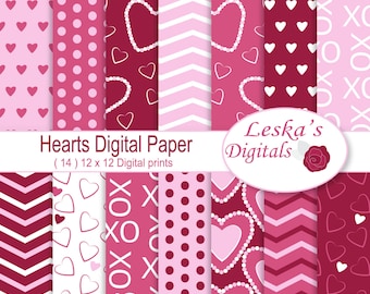 Valentine digital paper, heart digital backgrounds, pink digital paper download, valentine printable paper - Digital Scrapbook Paper