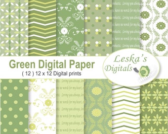 Grönt digitalt papper, digitalt scrapbookingpapper, variantpaket: Damaskprickar, ränder, chevron- och blommönster - kommersiellt bruk