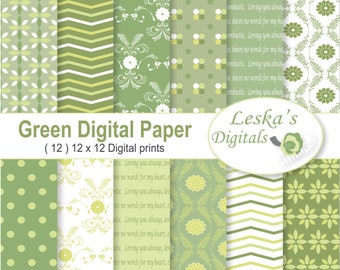 Green Digital Paper, Digital Scrapbooking Paper Variety Pack: Damask Dots Stripes Chevron and Floral Patterns - Commercial Use