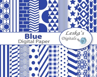 Blue digital paper - Blue scrapbook paper - Commercial use backgrounds: blue chevron, blue stripes, blue polkadots, blue stars, gingham page