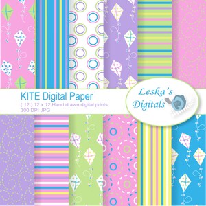 Puede incluir: Un conjunto de 12 papeles digitales con varios patrones con cometas, rayas, lunares y confeti. Los papeles son en tonos de rosa, morado, azul, verde y amarillo. El texto "KITE Digital Paper (12) 12 x 12 Hand drawn digital prints 300 DPI JPG" y "Leska's Digitals" está incluido en la imagen.