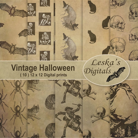 Digital Halloween Papers, "Halloween Backgrounds" skulls, crossbones, witch, skeleton, bat, spider and black cat patterns for halloween