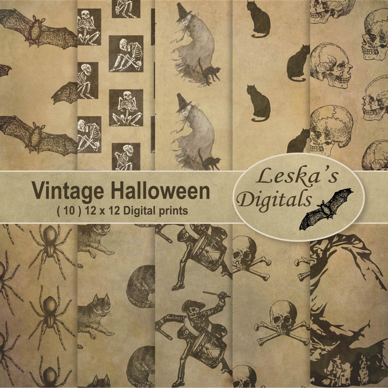 May include: Ten vintage Halloween digital prints in a collage. The prints feature various Halloween themes, including skeletons, bats, cats, skulls, witches, and a drummer skeleton. The prints are in black and white and have a distressed, vintage look.