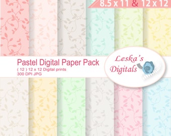 Digital paper leaves: "Pastel" digital paper pack in a leaf and vine pattern, pastel background in light and soft colors scrapbook paper
