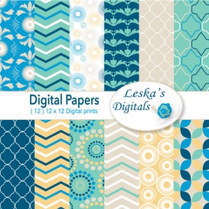 Beach digital paper - Digital paper patterns blue green yellow sand geometric design digital paper pack in fun beach patterns for summer fun