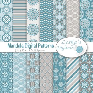 Puede incluir: Un conjunto de 14 patrones de papel digital que presentan una variedad de dise&ntilde;os de mandalas azules y grises, rayas y patrones geom&eacute;tricos. Los patrones miden 30,5 cm por 30,5 cm y son perfectos para scrapbooking, creaci&oacute;n de tarjetas y otros proyectos de manualidades. El texto "Leska's Digitals" est&aacute; incluido en la imagen.