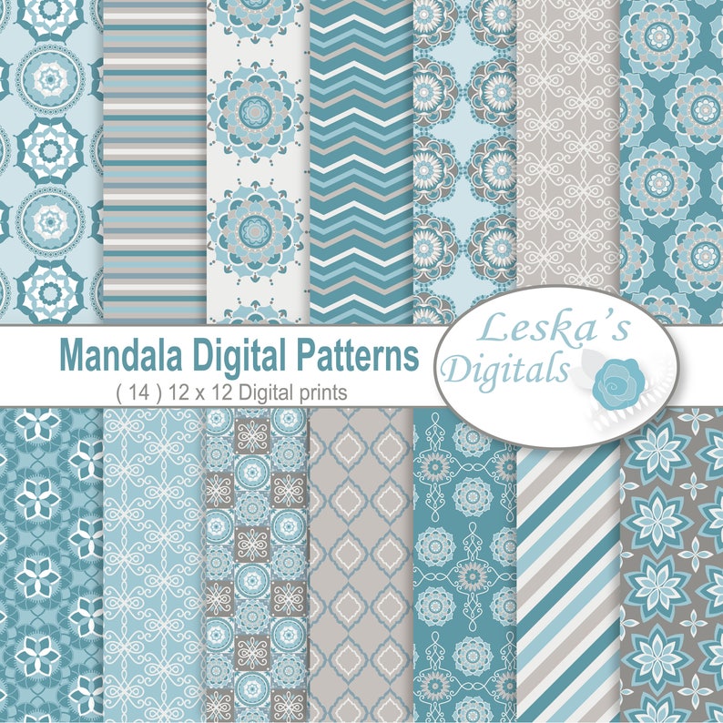 Puede incluir: Un conjunto de 14 patrones de papel digital que presentan una variedad de dise&ntilde;os de mandalas azules y grises, rayas y patrones geom&eacute;tricos. Los patrones miden 30,5 cm por 30,5 cm y son perfectos para scrapbooking, creaci&oacute;n de tarjetas y otros proyectos de manualidades. El texto "Leska's Digitals" est&aacute; incluido en la imagen.