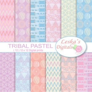 TRIBAL PATTERNS, digital paper pack, scrapbooking tribal patterns, Aztec Tribal Digital Papers, pastel hand drawn tribal digital paper