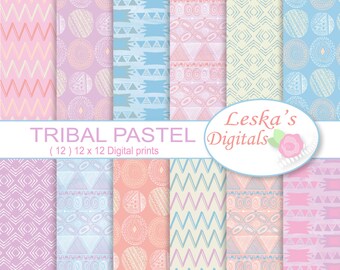 TRIBAL PATTERNS, digital paper pack, scrapbooking tribal patterns, Aztec Tribal Digital Papers, pastel hand drawn tribal digital paper