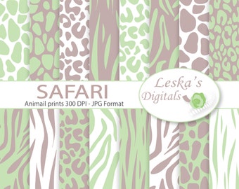 Safari Digital Scrapbook, Digital scrapbook paper pack, Animal print digital paper, zebra giraffe tiger cheetah, Jungle digital paper, green