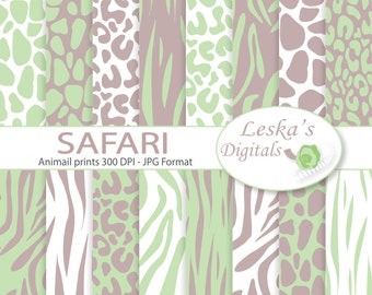 Safari Digital Scrapbook, Pakiet papieru cyfrowego do scrapbookingu, Cyfrowy papier z nadrukiem zwierzęcym, Zebra żyrafa tygrys gepard, Cyfrowy papier Jungle, Zielony