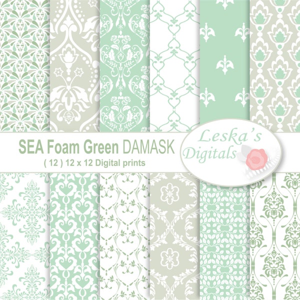 Green Damask Digital Paper "SEA FOAM GREEN" Sea Foam Green Damask Scrapbook Paper - Damask background - Damask printable, Mint Green damask