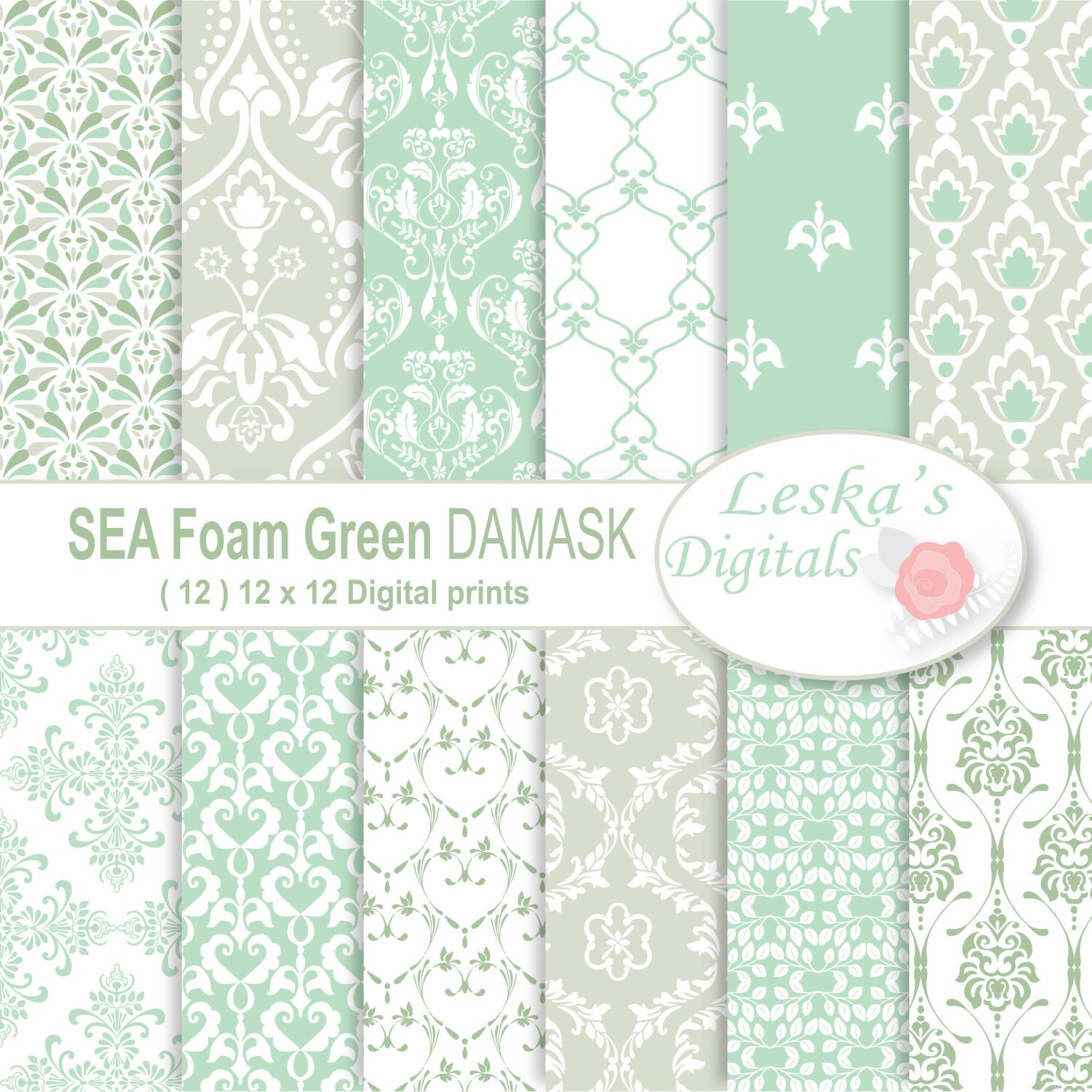 Green Damask Digital Paper SEA FOAM GREEN Sea Foam Etsy