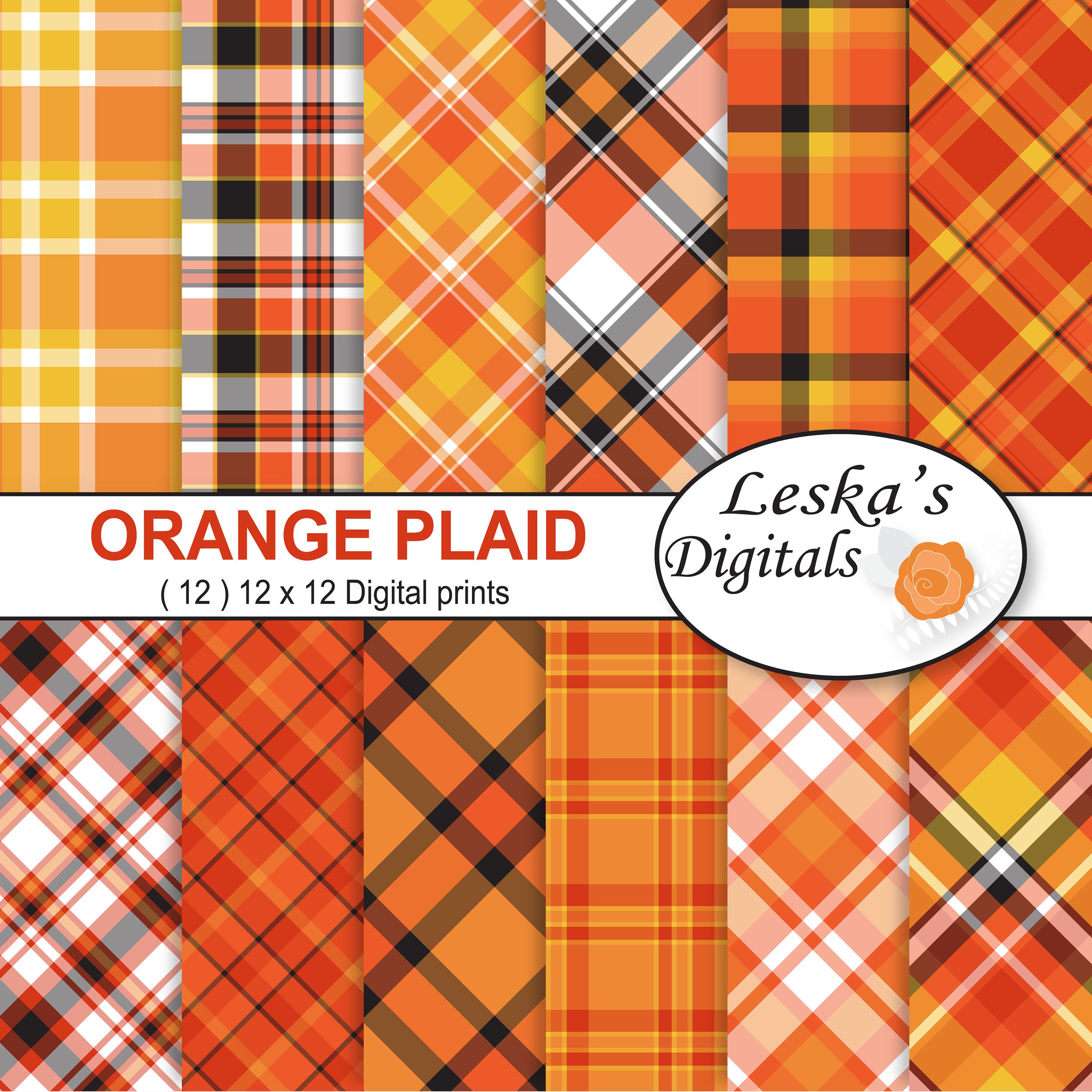 Black and Orange Digital Paper, Orange Paper Pack, Halloween Plaid ...