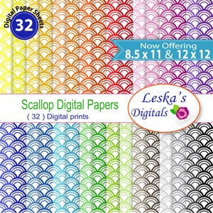 Scallop Digital Paper - Scallop Scrapbook Paper - digital paper pack scallop patterned paper in rainbow colors